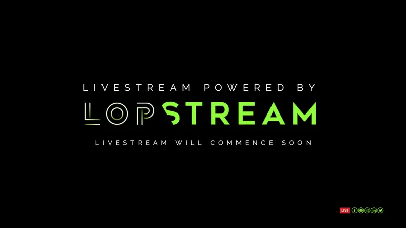 Branded Lopstream livestream title-card — 'Livestream powered by Lopstream — livestream will commence soon' — with LIVE indicator and social icons